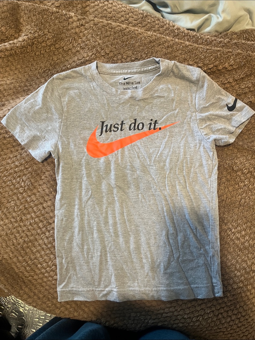 Nike Gray Tee with Orange Swoosh and Black Text